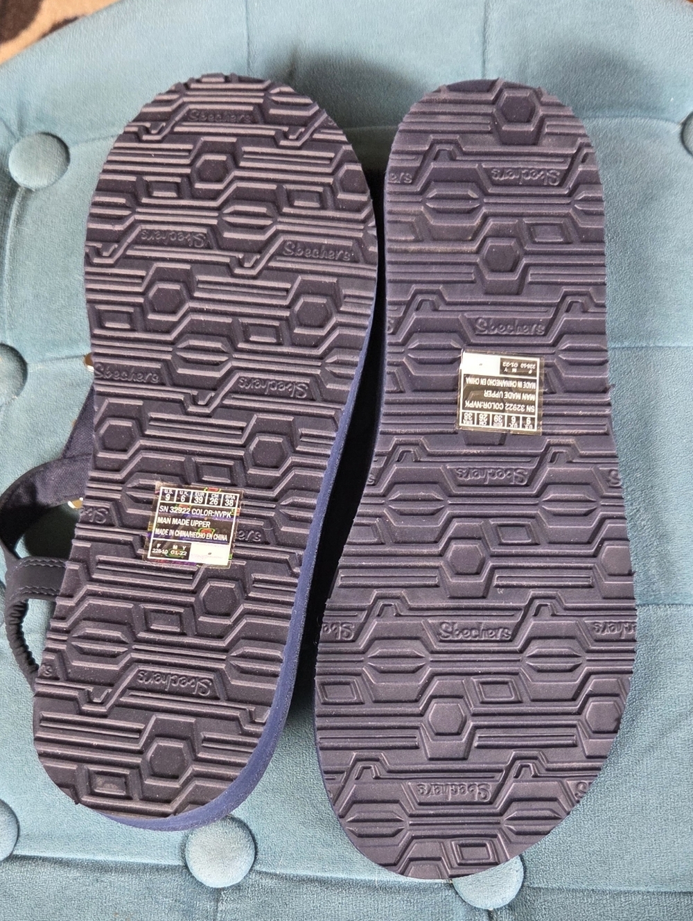 Skechers Navy Floral T-Strap Sandals with Pink Flower Accents - Picture 5 of 6